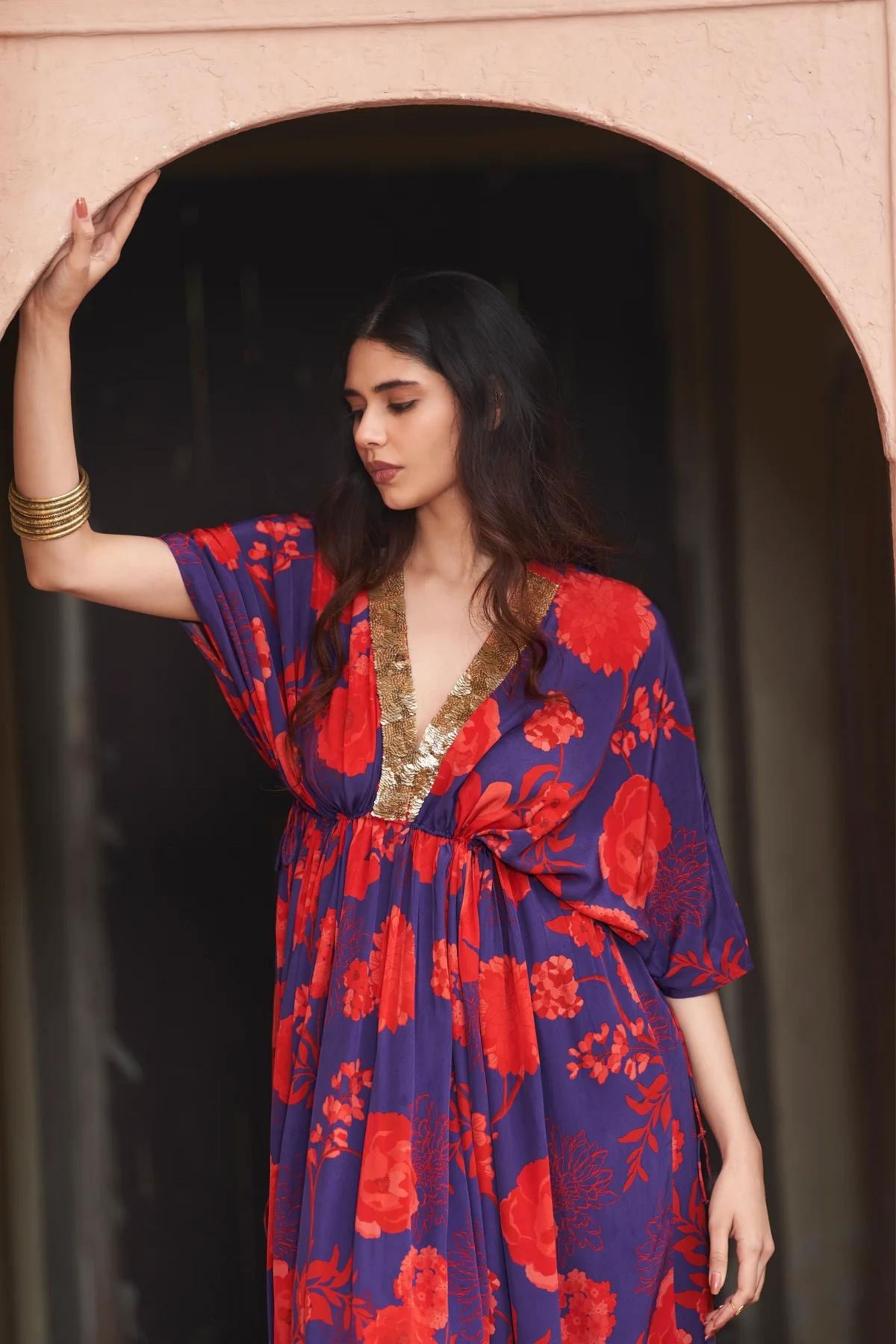 Red &amp; Blue Sequin Neck Kaftan