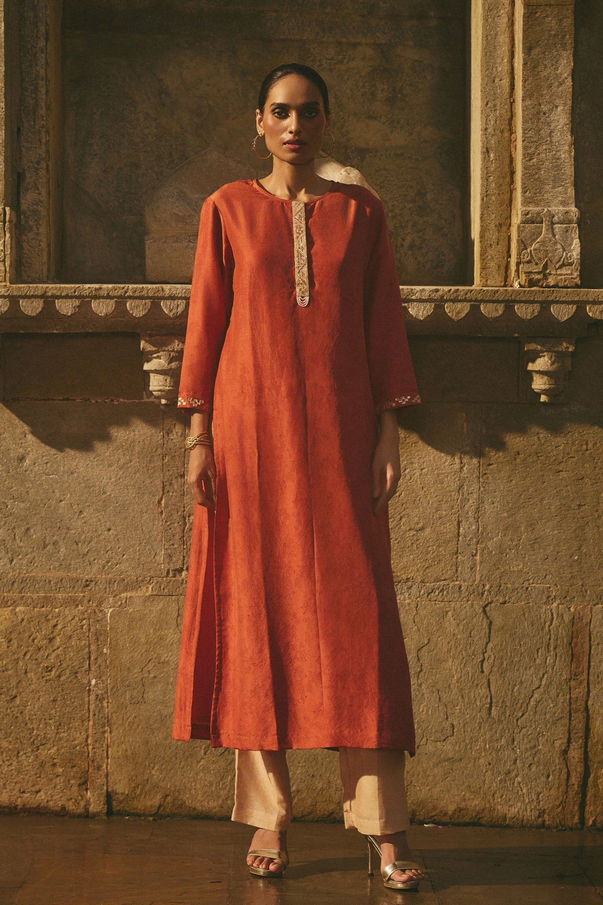 Red Printed Silk Kurta