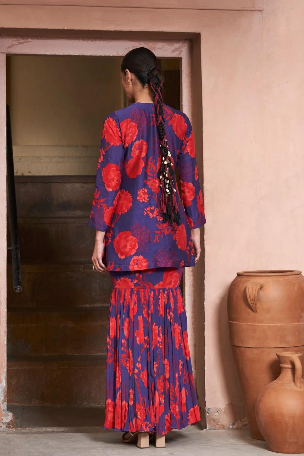 Red &amp; Blue Moroccan Yoke Zardozi Sharara Set