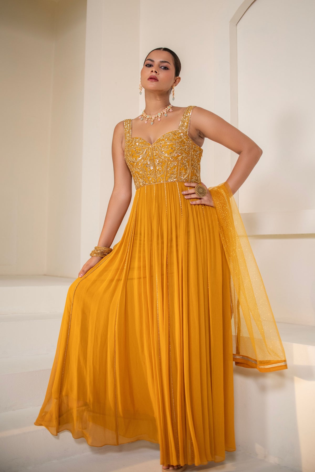 Mustard Yellow  Corset Anarkali