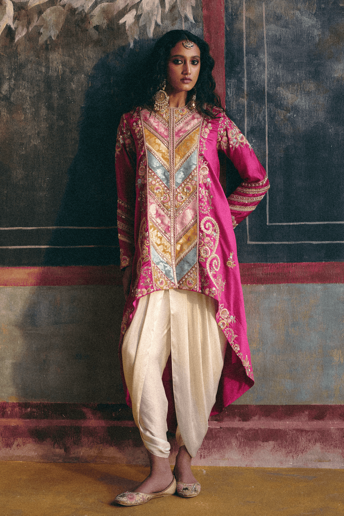 Asymmetrical Kurta Set in Fuchsia Pink and Beige