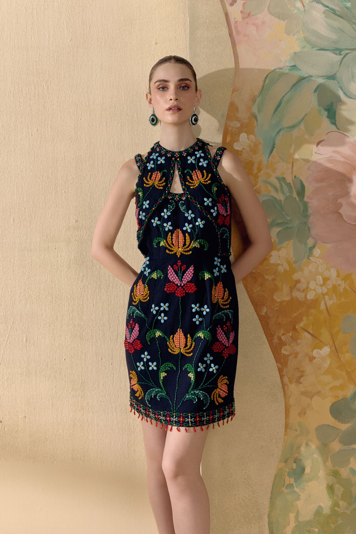 Black Mosaic Beadwork Cutout Dress