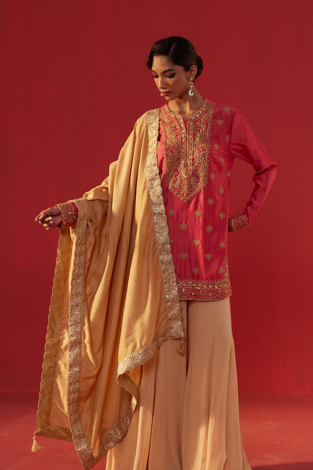 Peach Short Kurta Sharara Set