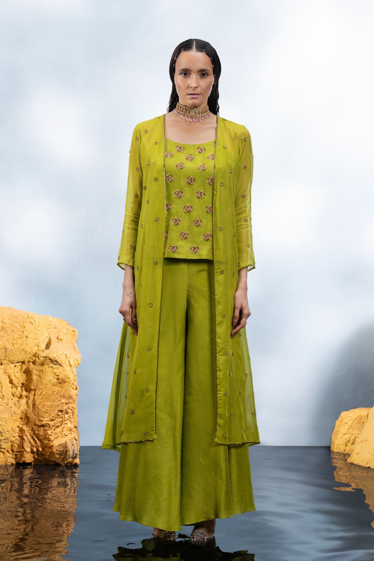 Lime Green Long Jacket Set