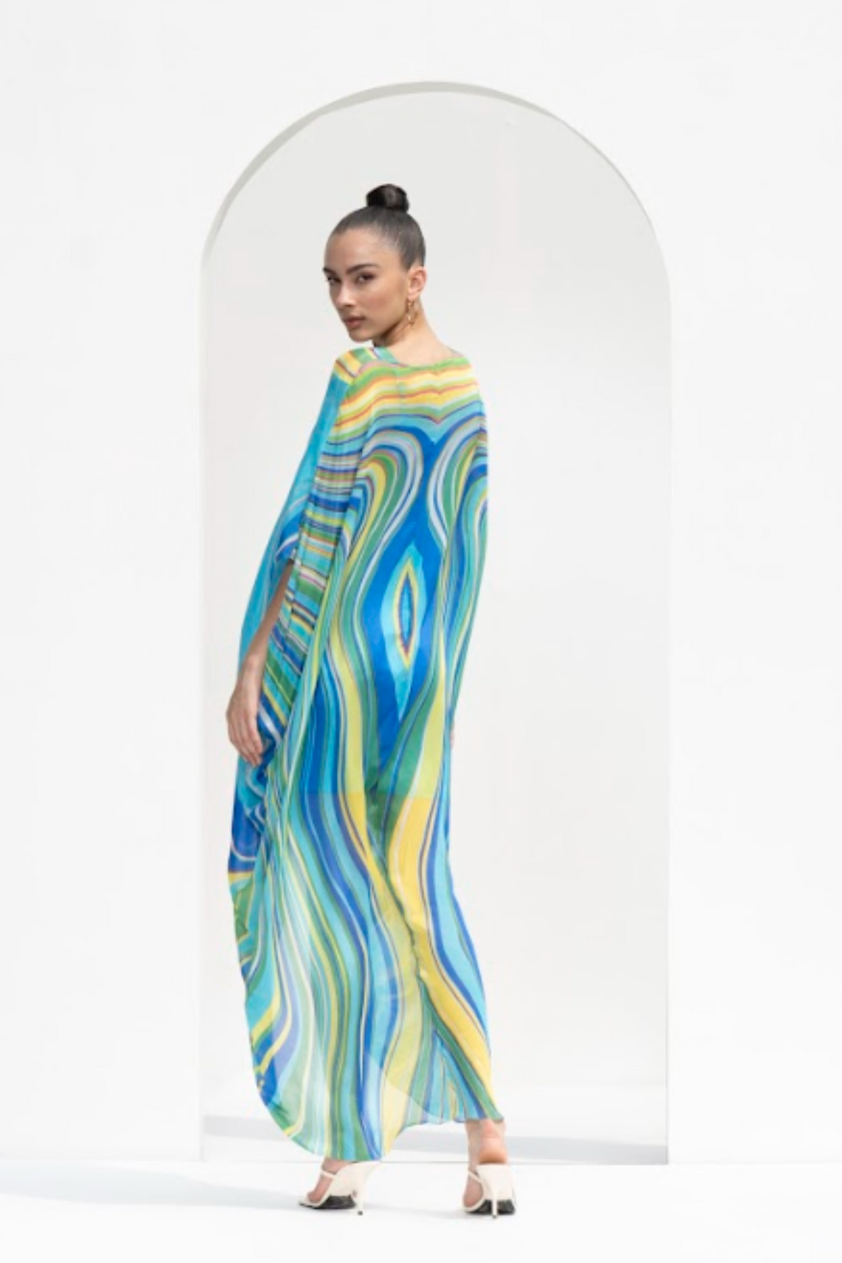 Blue Marble Placement Printed Chiffon Kaftan