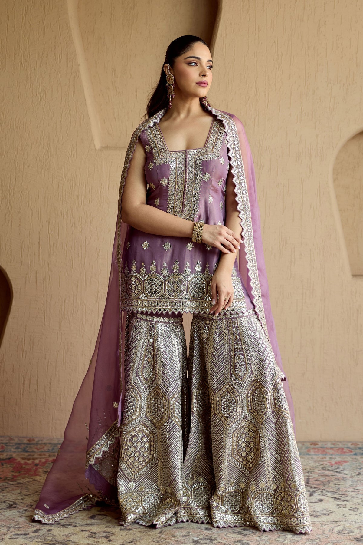 Purple Tissue Kurta Garara Set