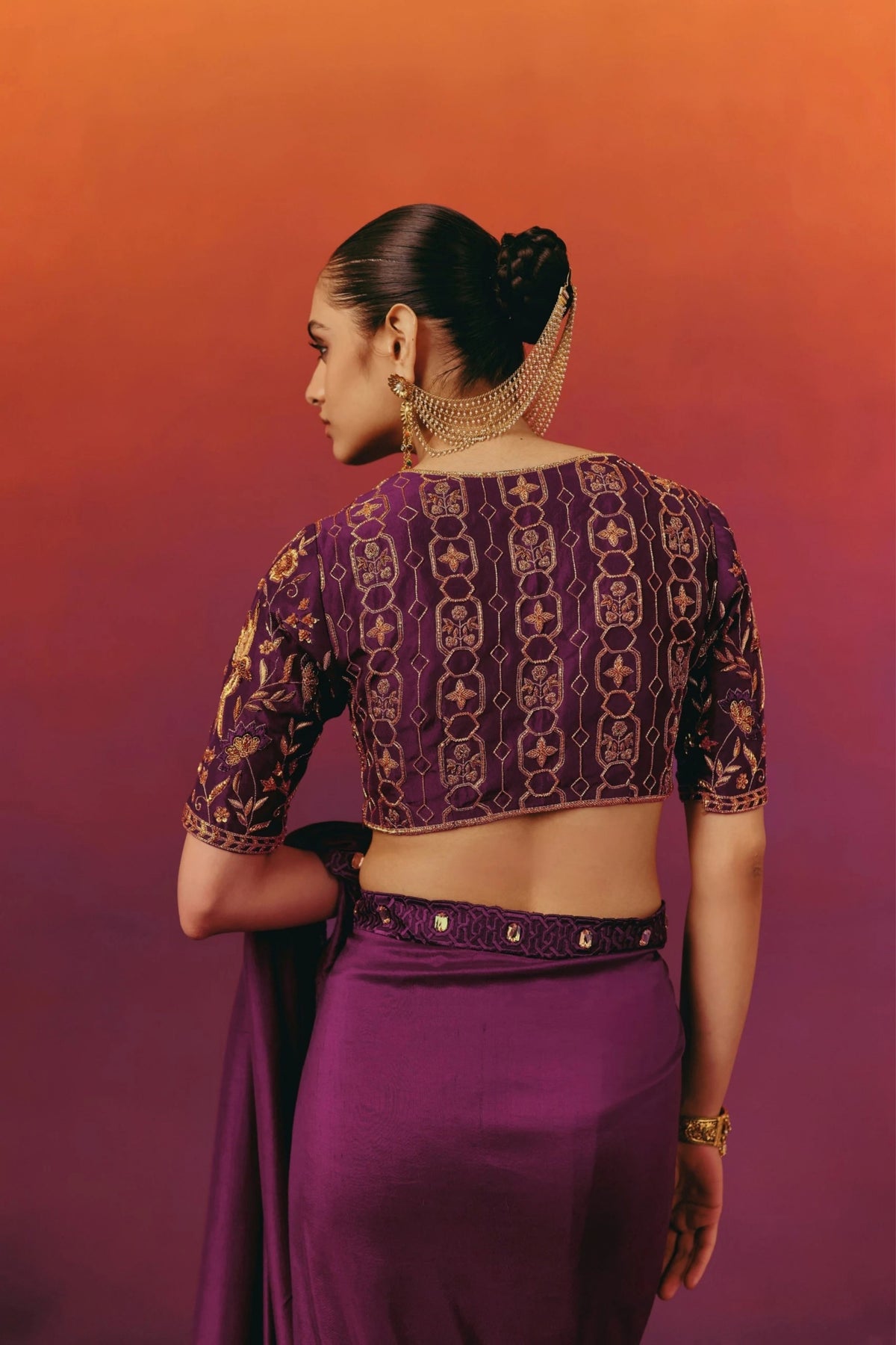 Embroidered Purple Saree Set