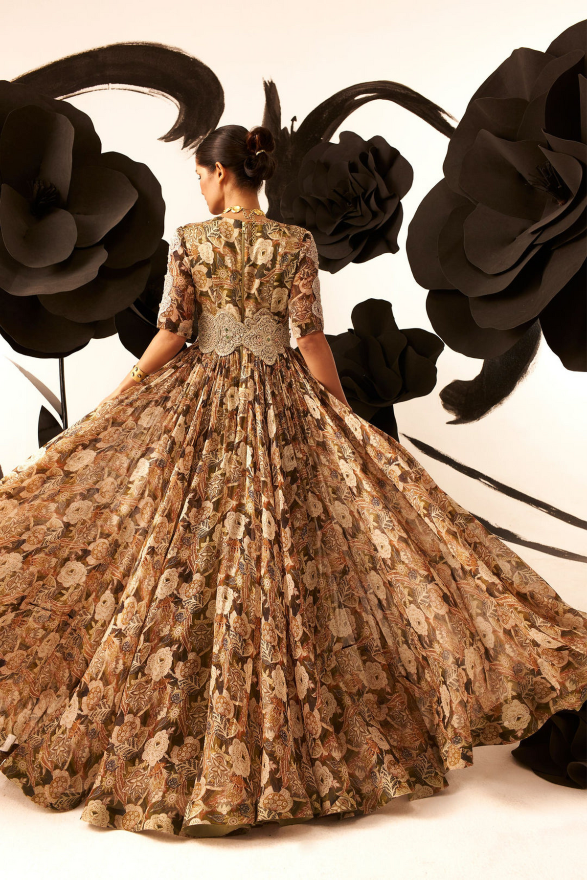 Abstract Floral Print Belted Anarkali