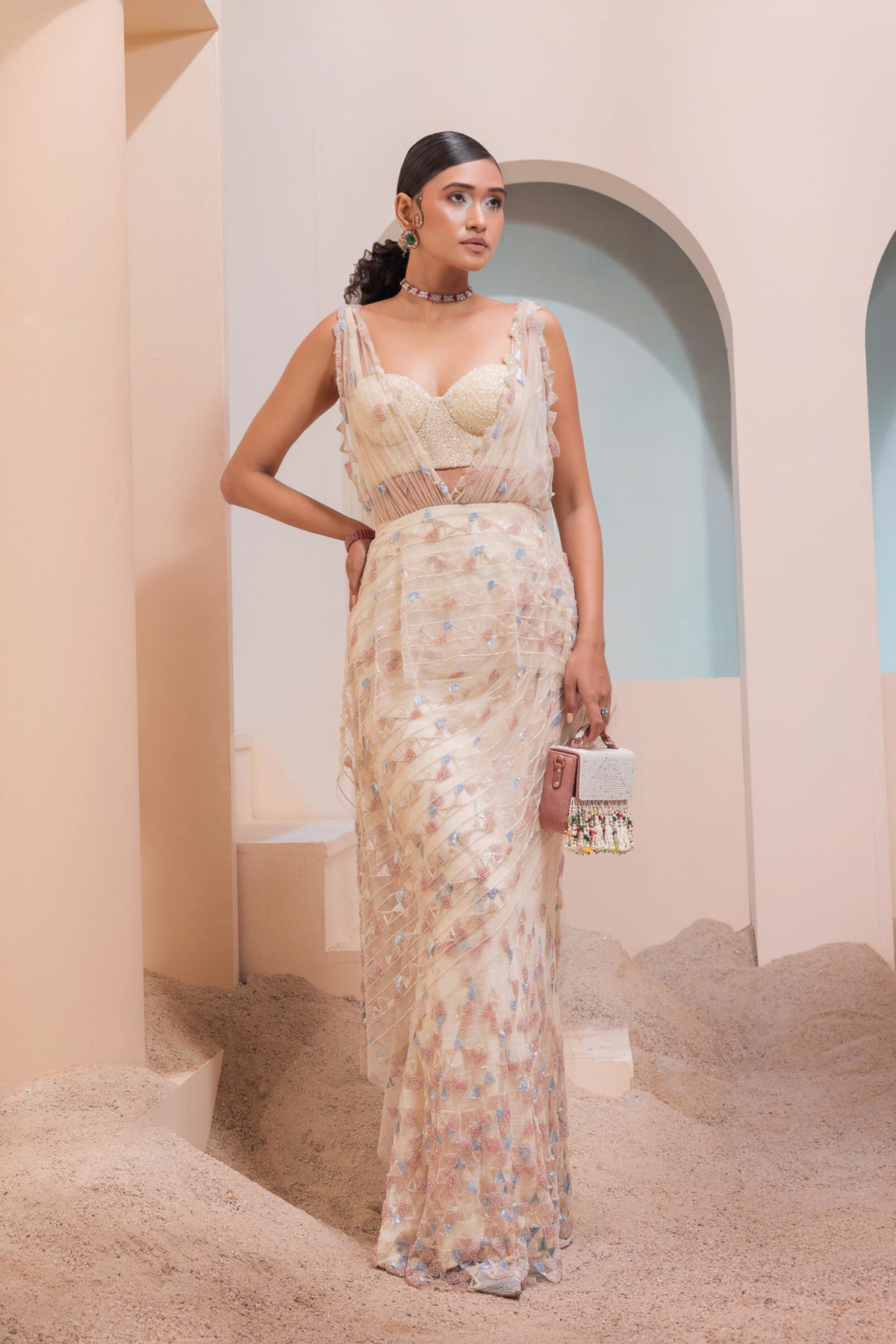 Cream Corset Draped Saree Set