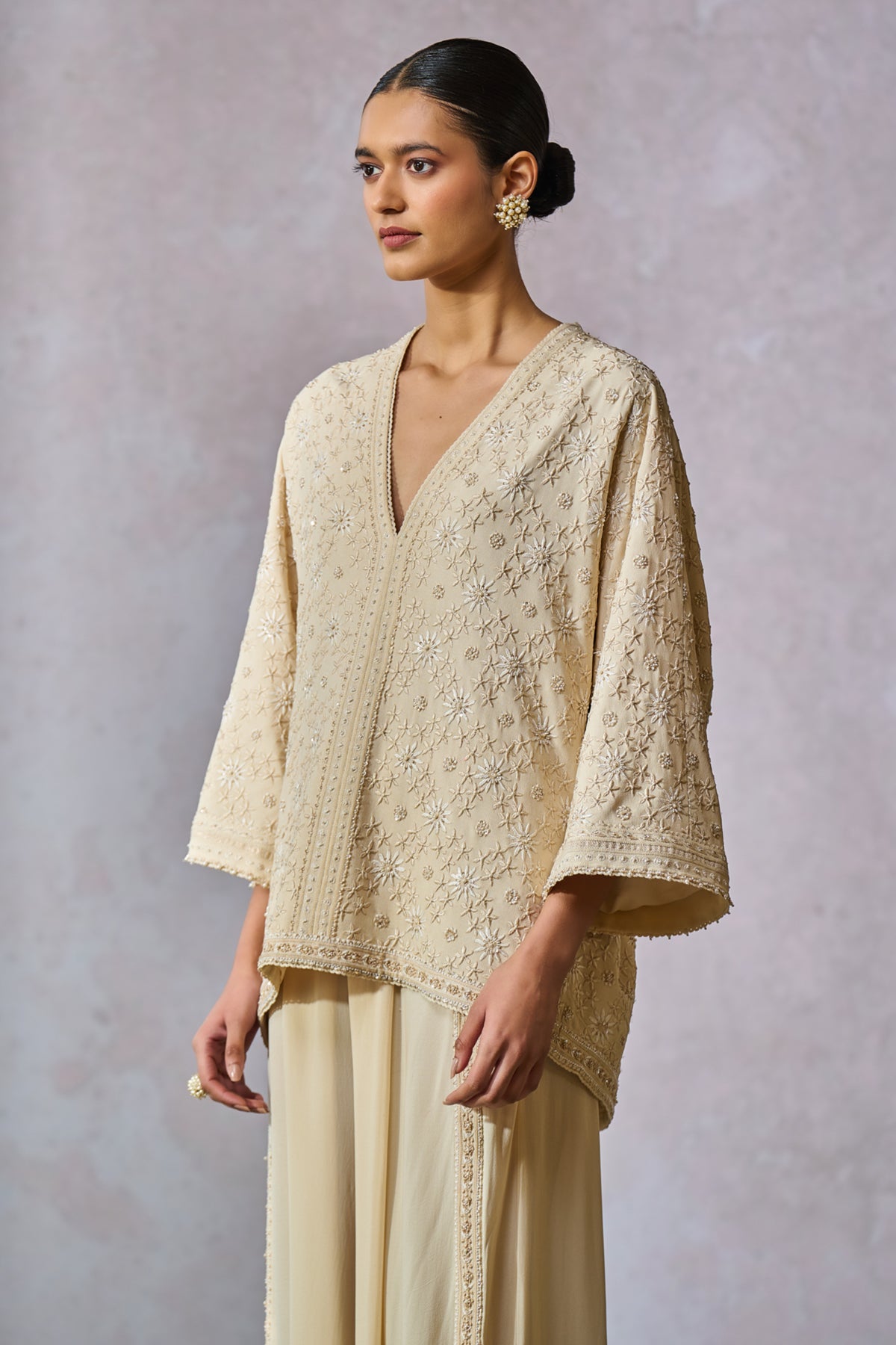 Ecru  Chikankari Jacket Style Top With Trouser