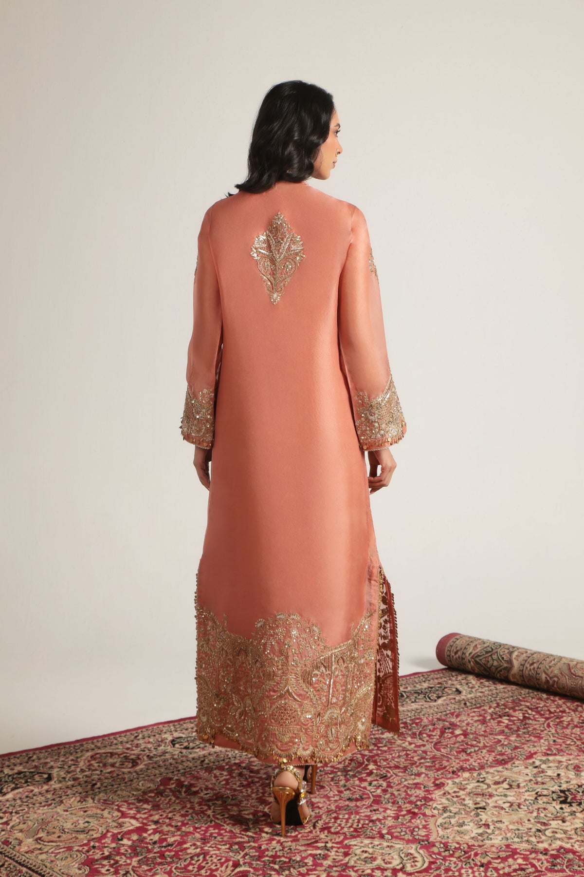 Peach Heavy Jaal Kaftan Set