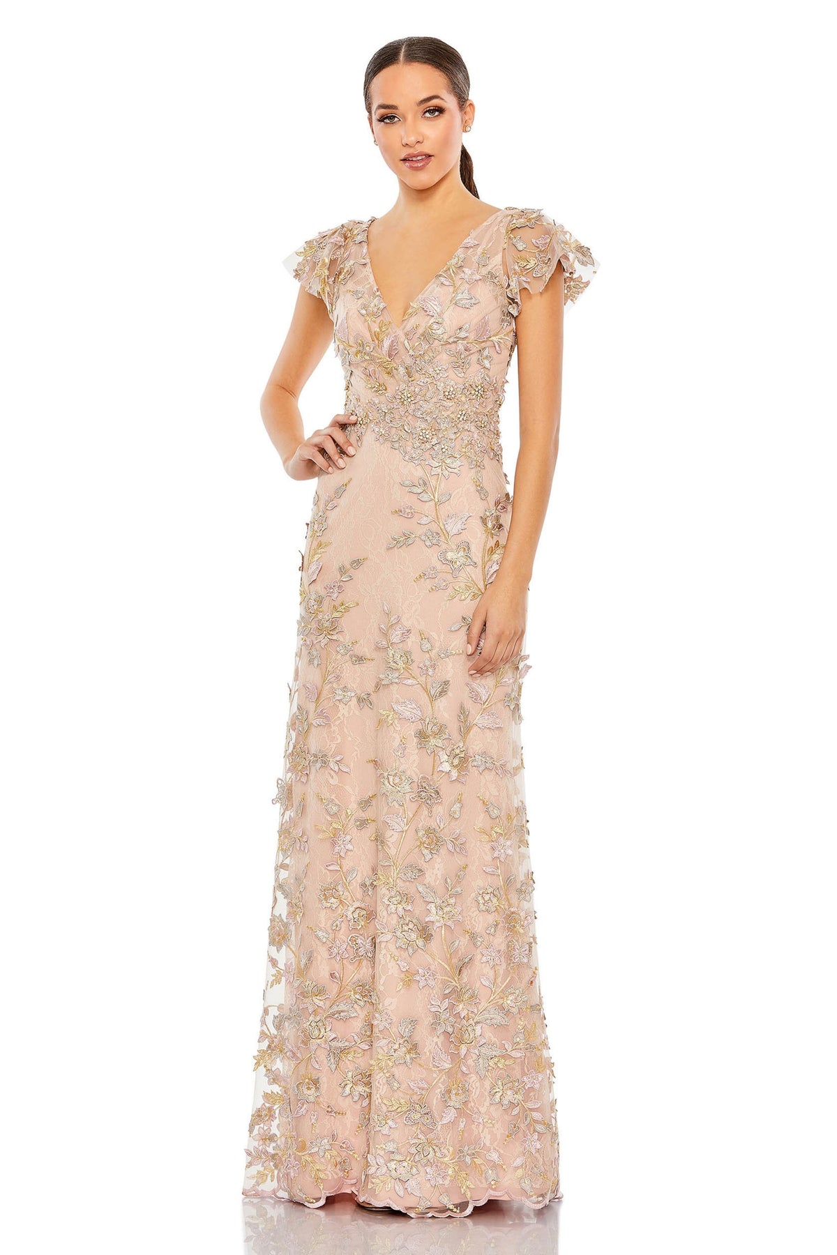 Unlined Sleeves V-neck Gown