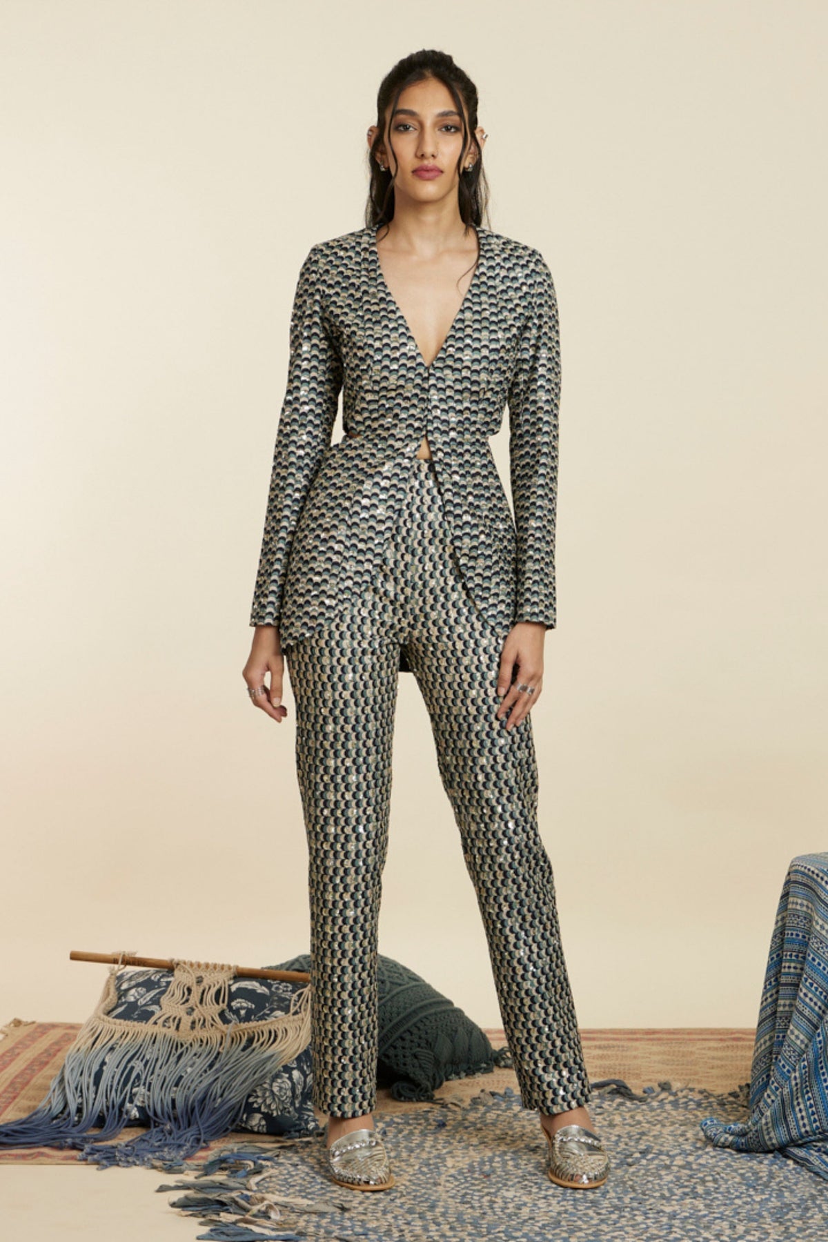 Blue Cutout Blazer With Pants