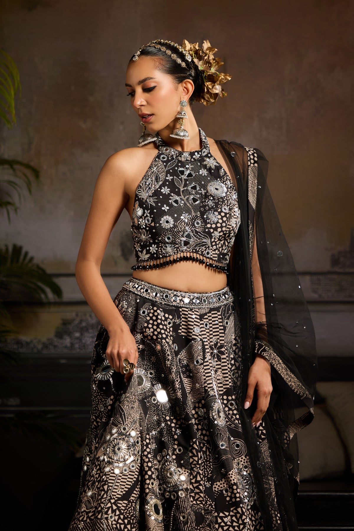 Black Print Highlighted Lehenga Set