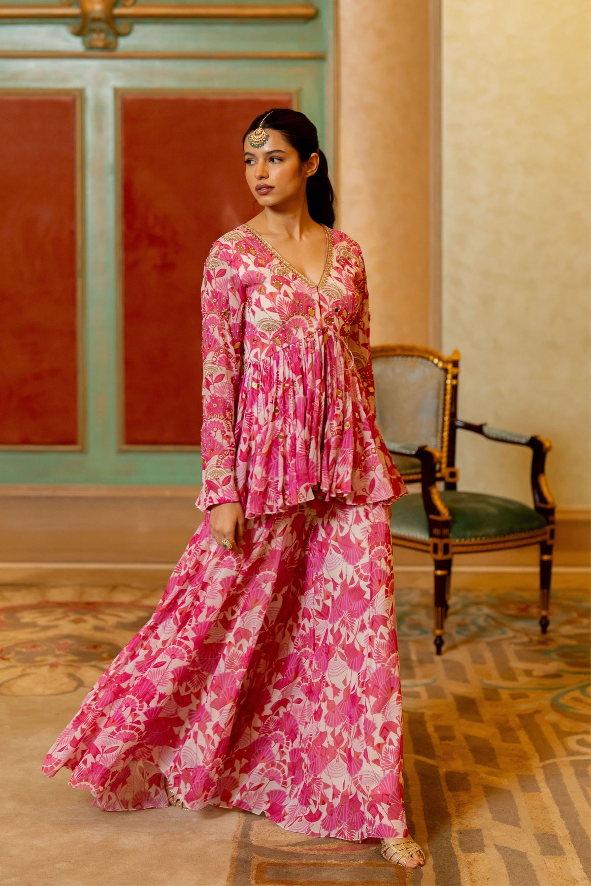 Pink Geometric Floral Printed Peplum Set