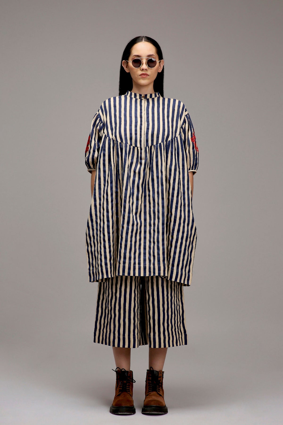 Egg-shell Blue Striped Tunic Set