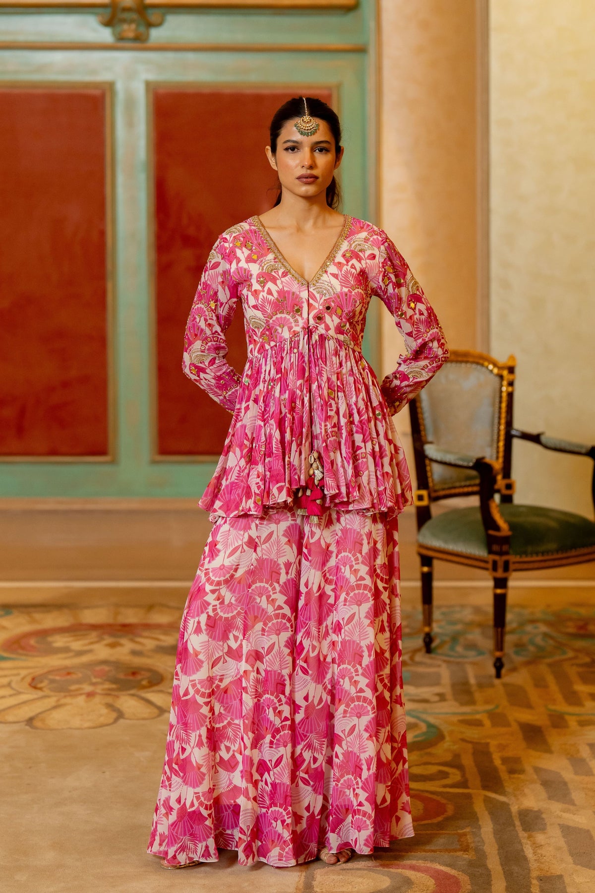 Pink Geometric Floral Printed Peplum Set