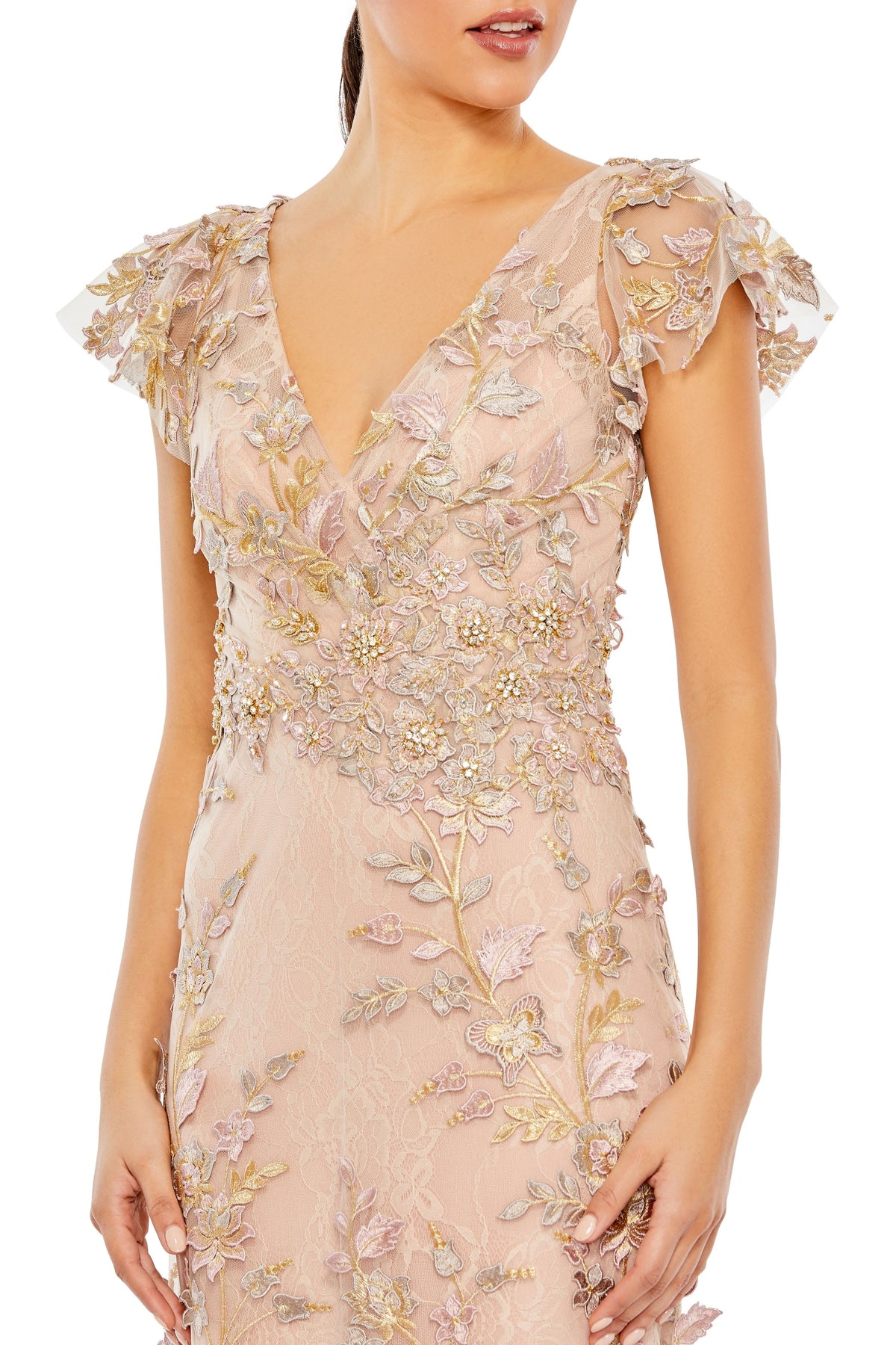 Unlined Sleeves V-neck Gown