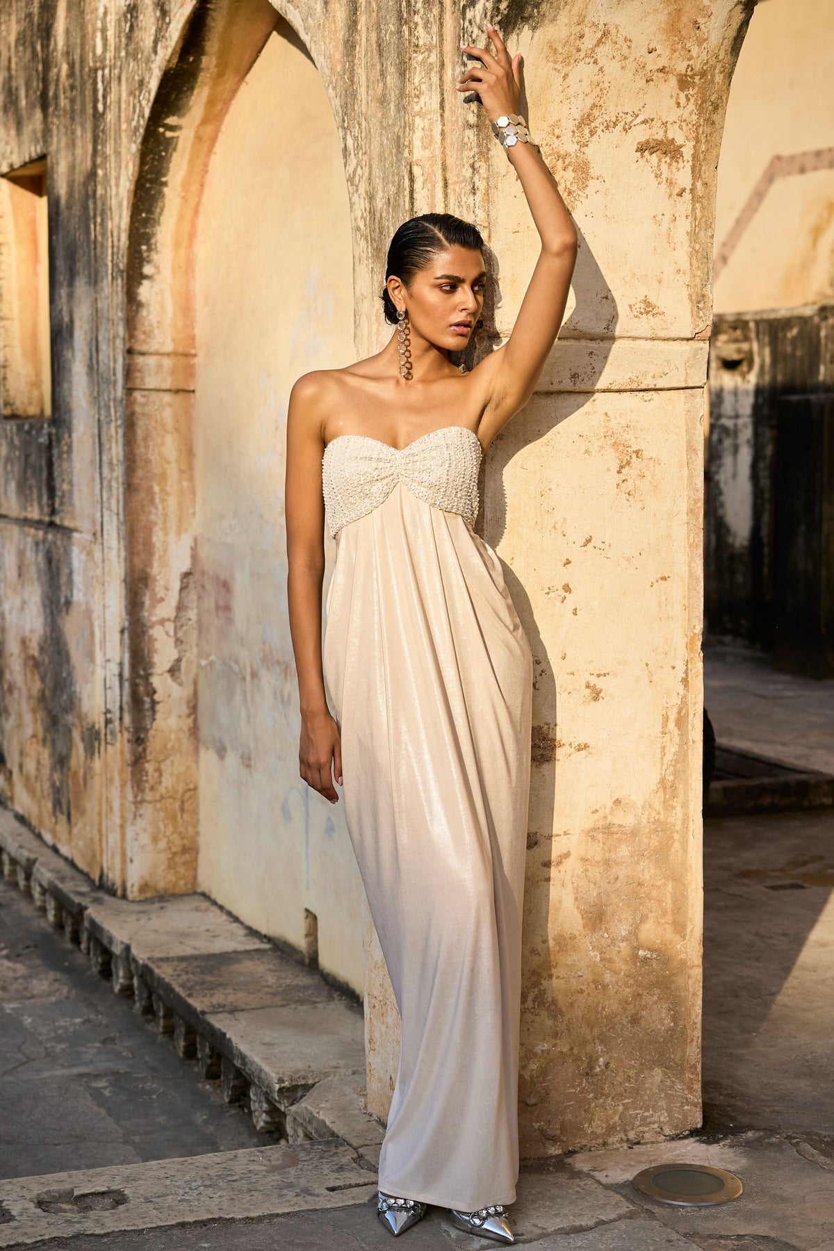 Ivory Beaded Draped Gown