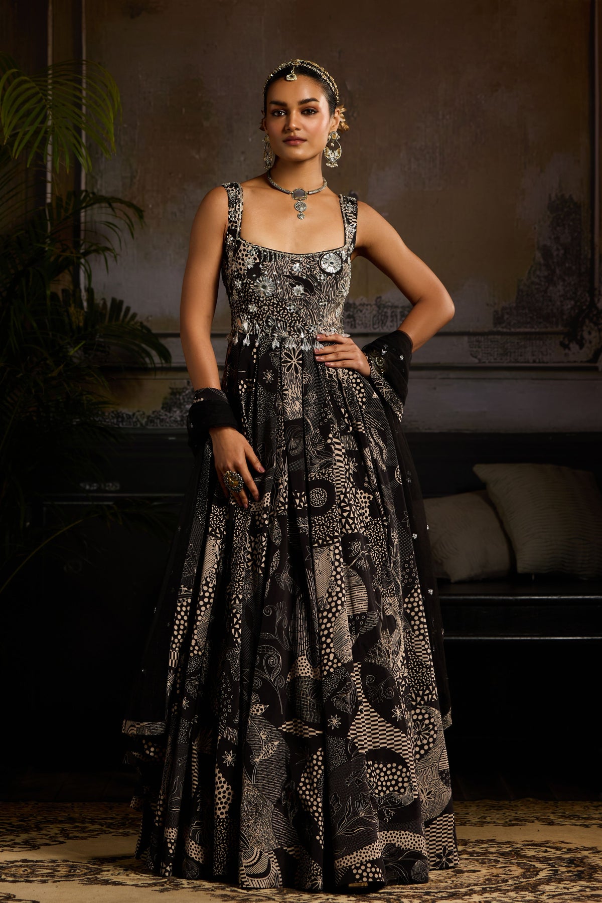 Black Print Highlighted Anarkali Set