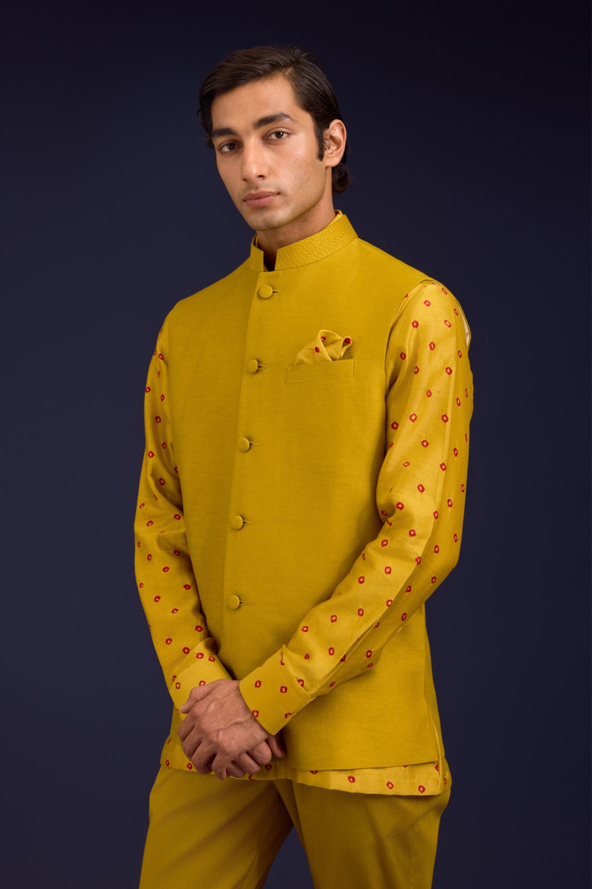Mustard Chanderi Bandhej Bundi Set