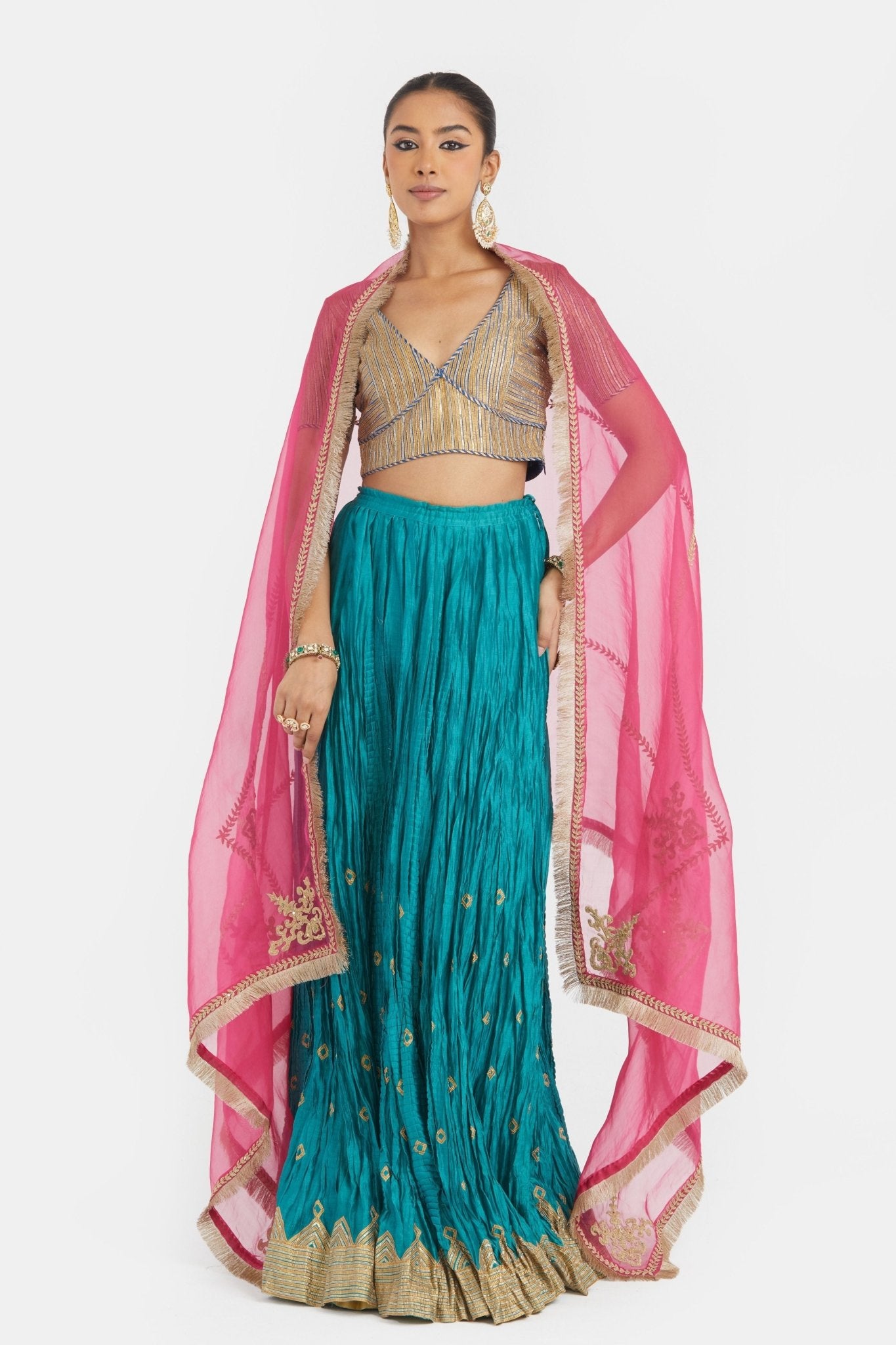 Blue Chanderi Lehenga Set - Kora - Elahe
