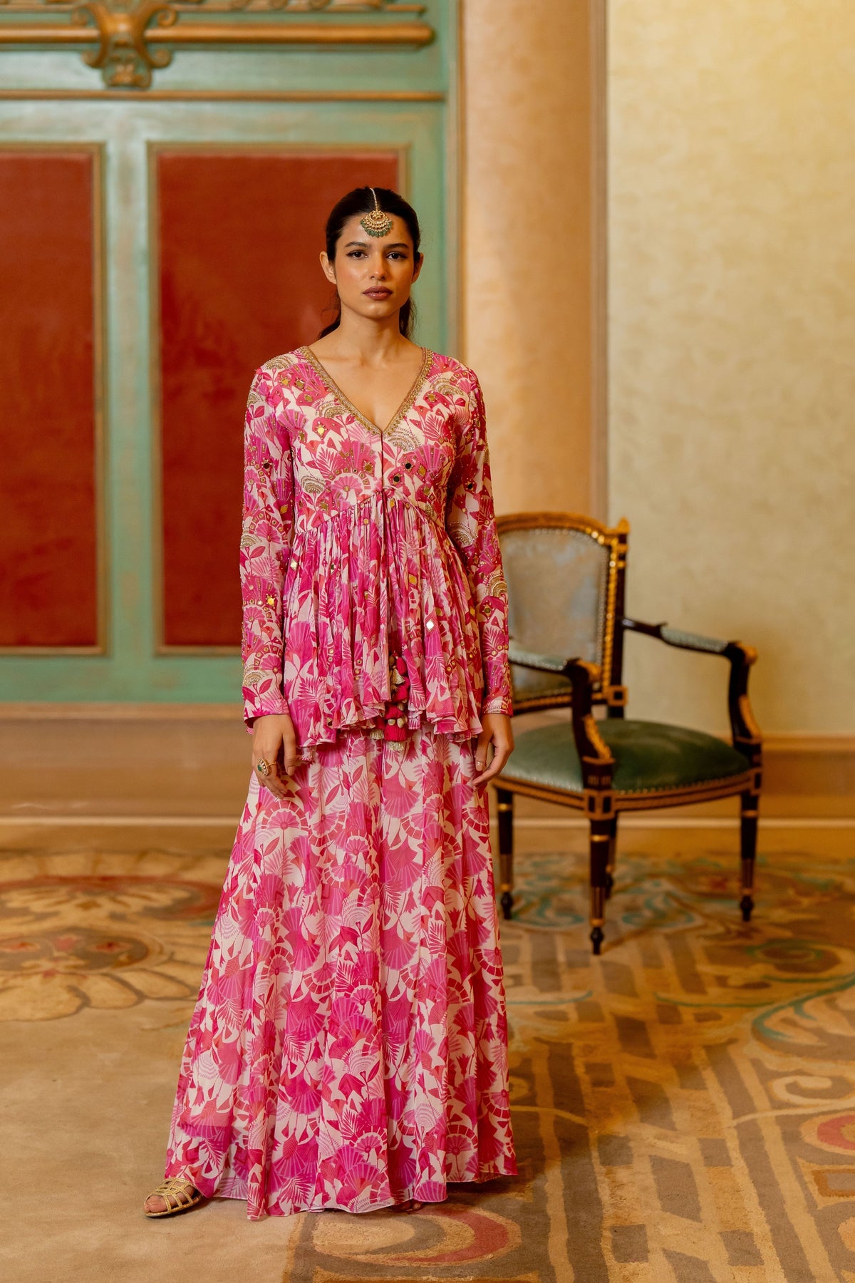 Pink Geometric Floral Printed Peplum Set