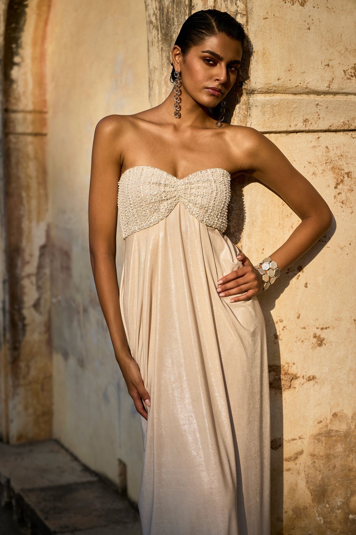 Ivory Beaded Draped Gown