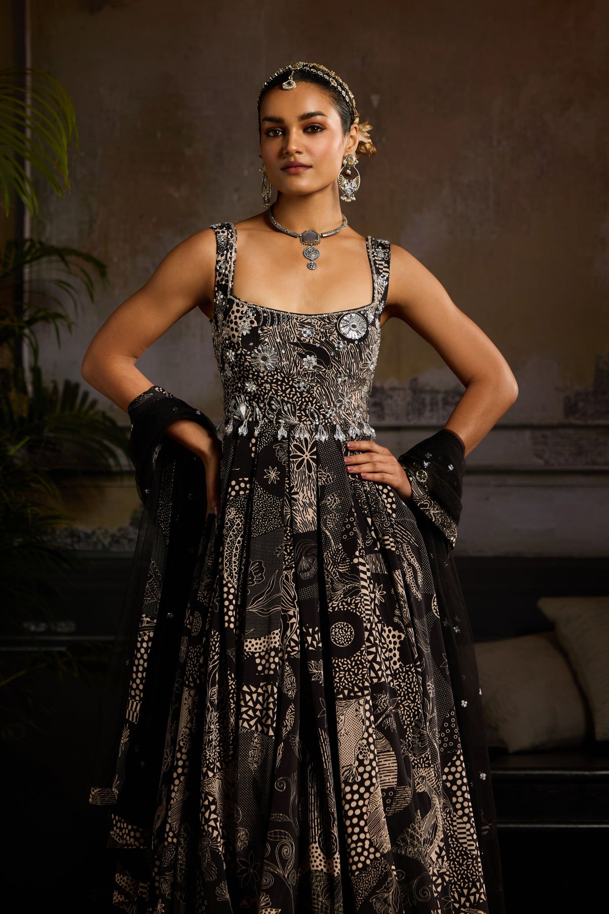 Black Print Highlighted Anarkali Set