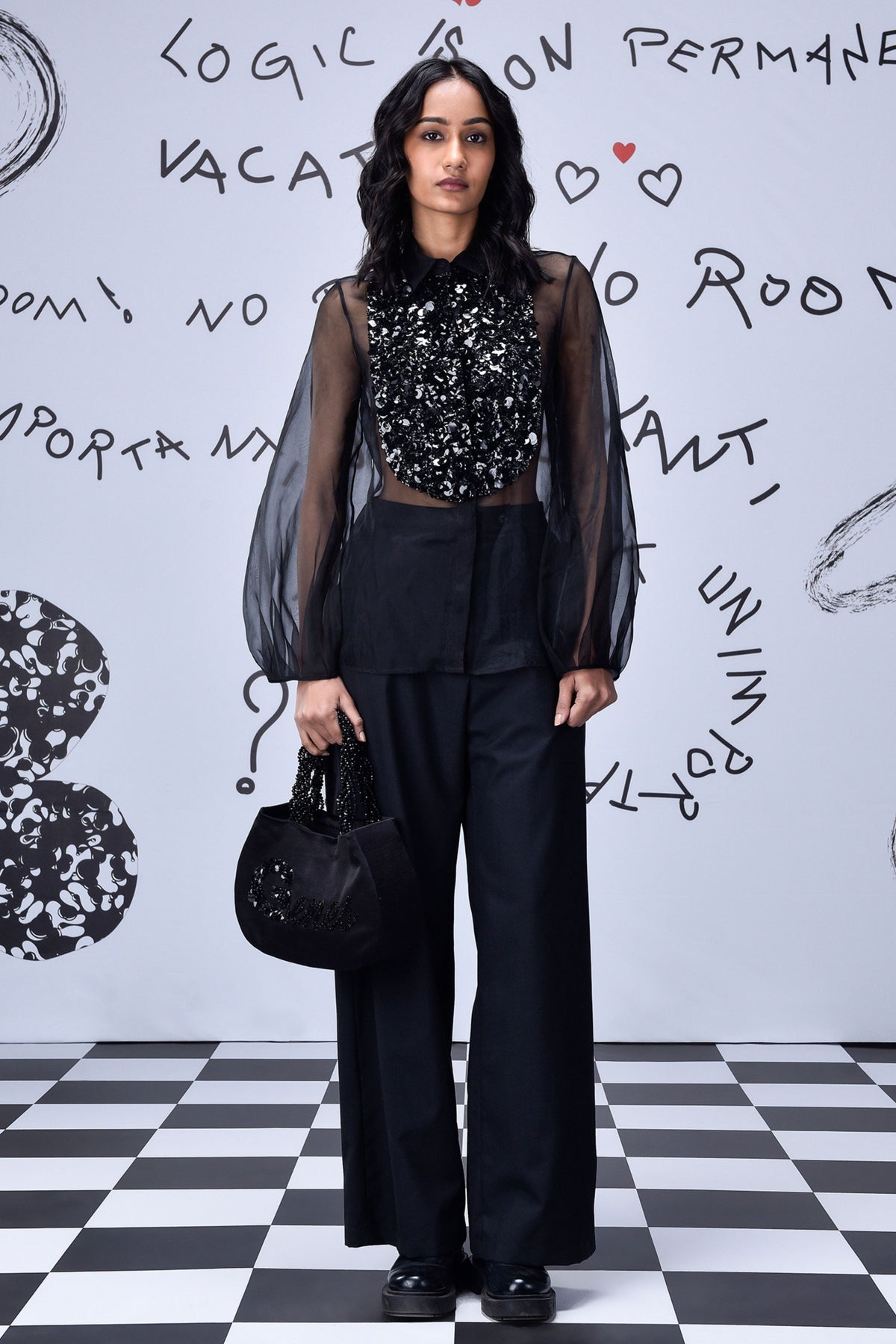 3D Sequence Collar Top  Black