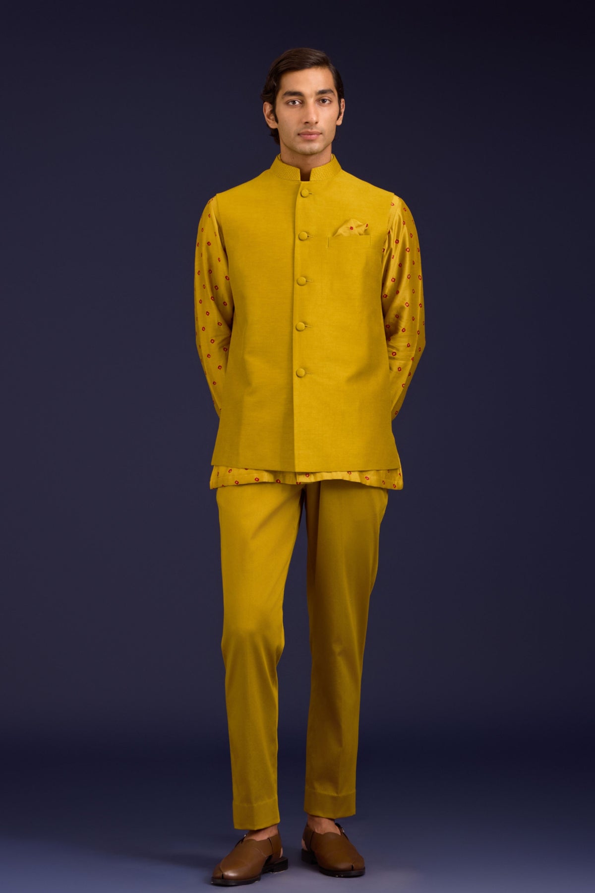 Mustard Chanderi Bandhej Bundi Set