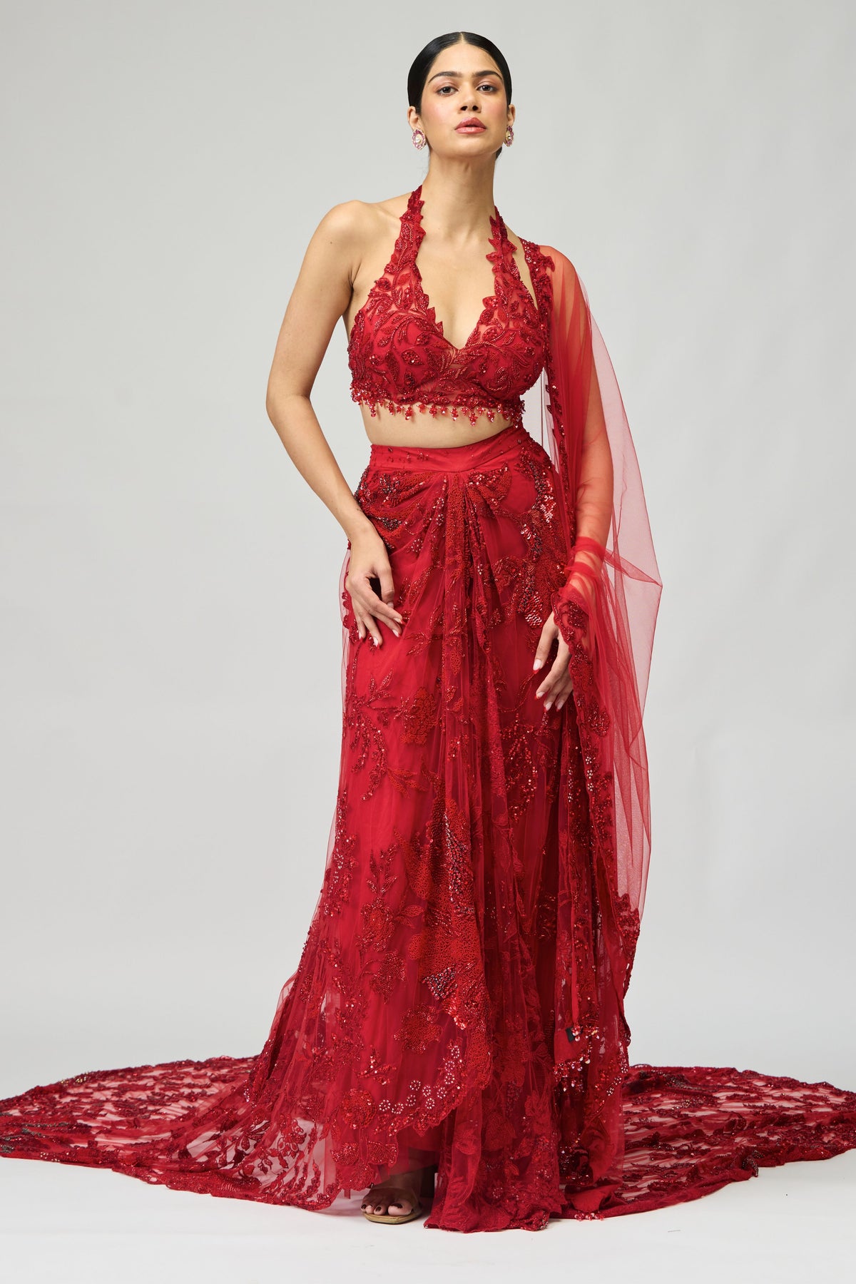 Red Embellished Skirt Set