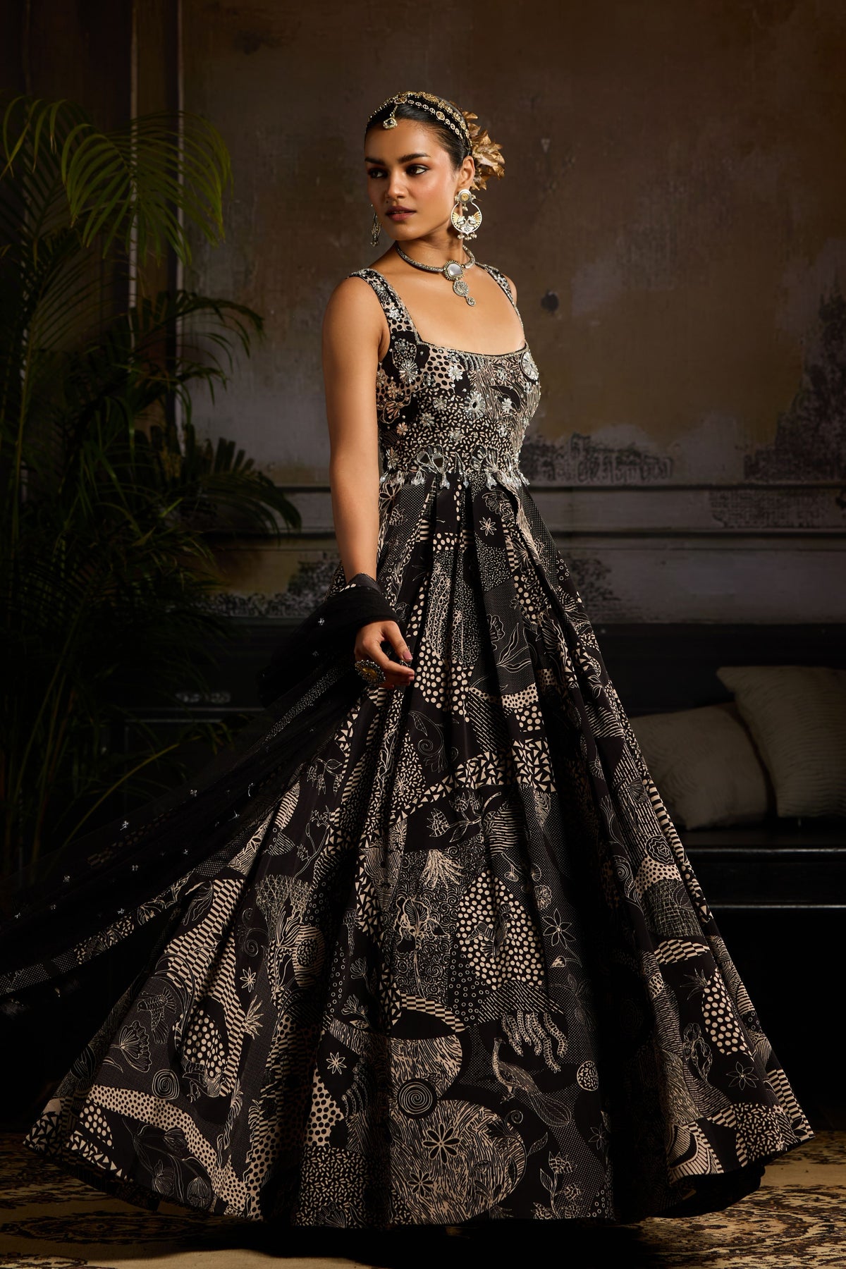 Black Print Highlighted Anarkali Set