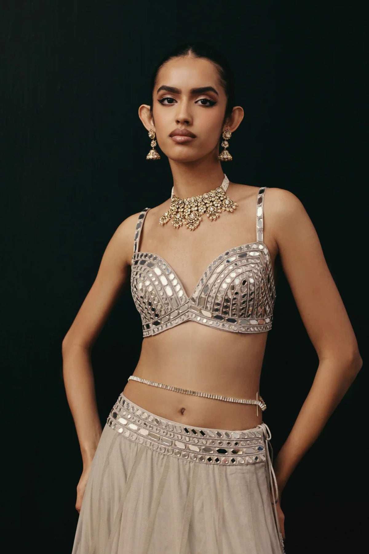 Silver Zari Mirrorwork Lehenga Set
