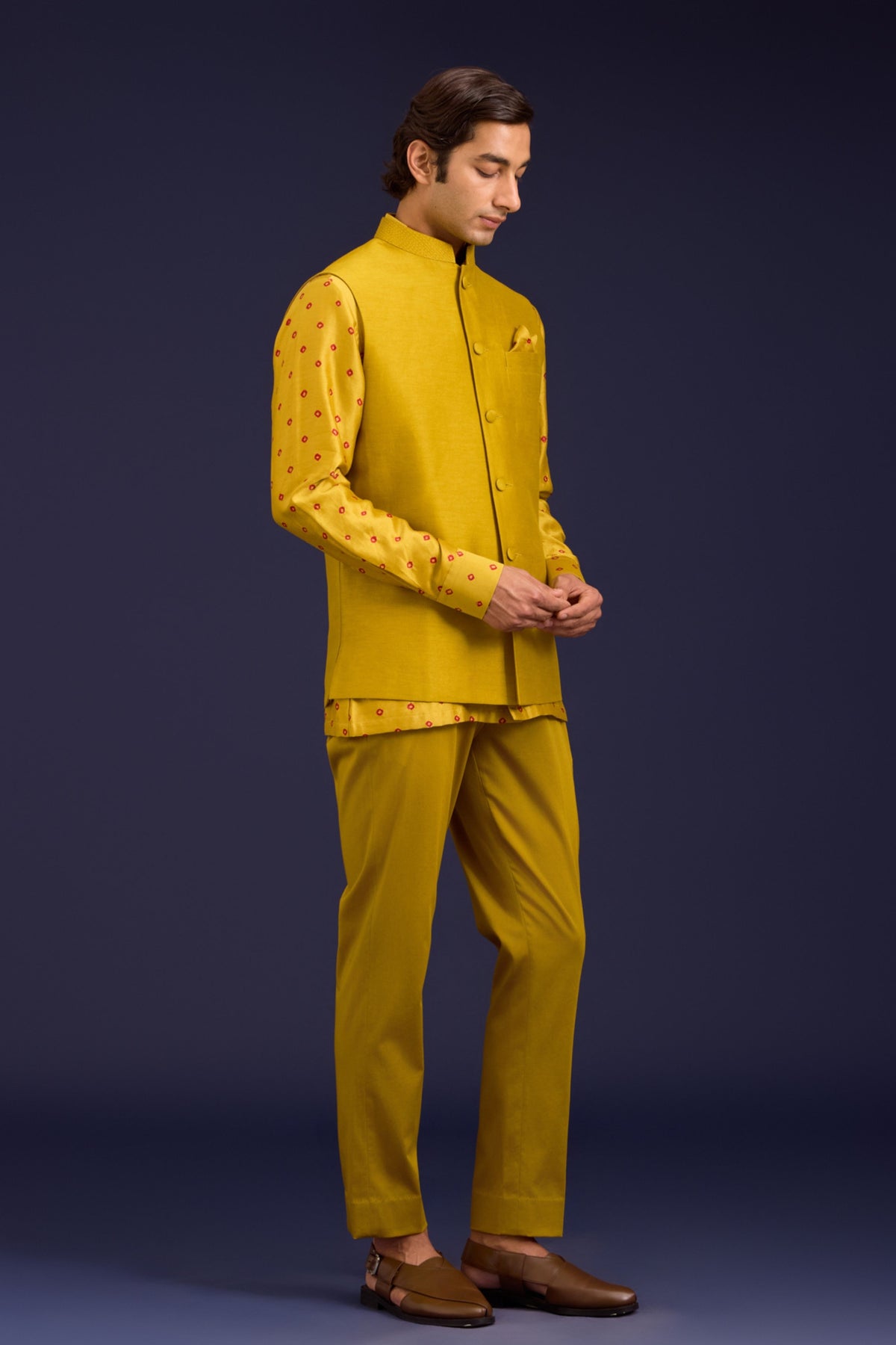 Mustard Chanderi Bandhej Bundi Set