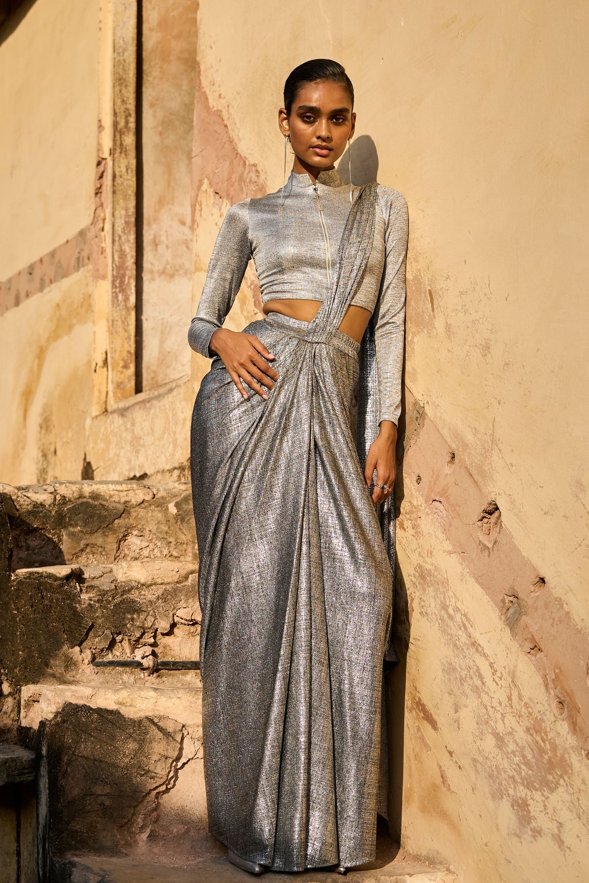 Silver Knitted Draped Skirt Set
