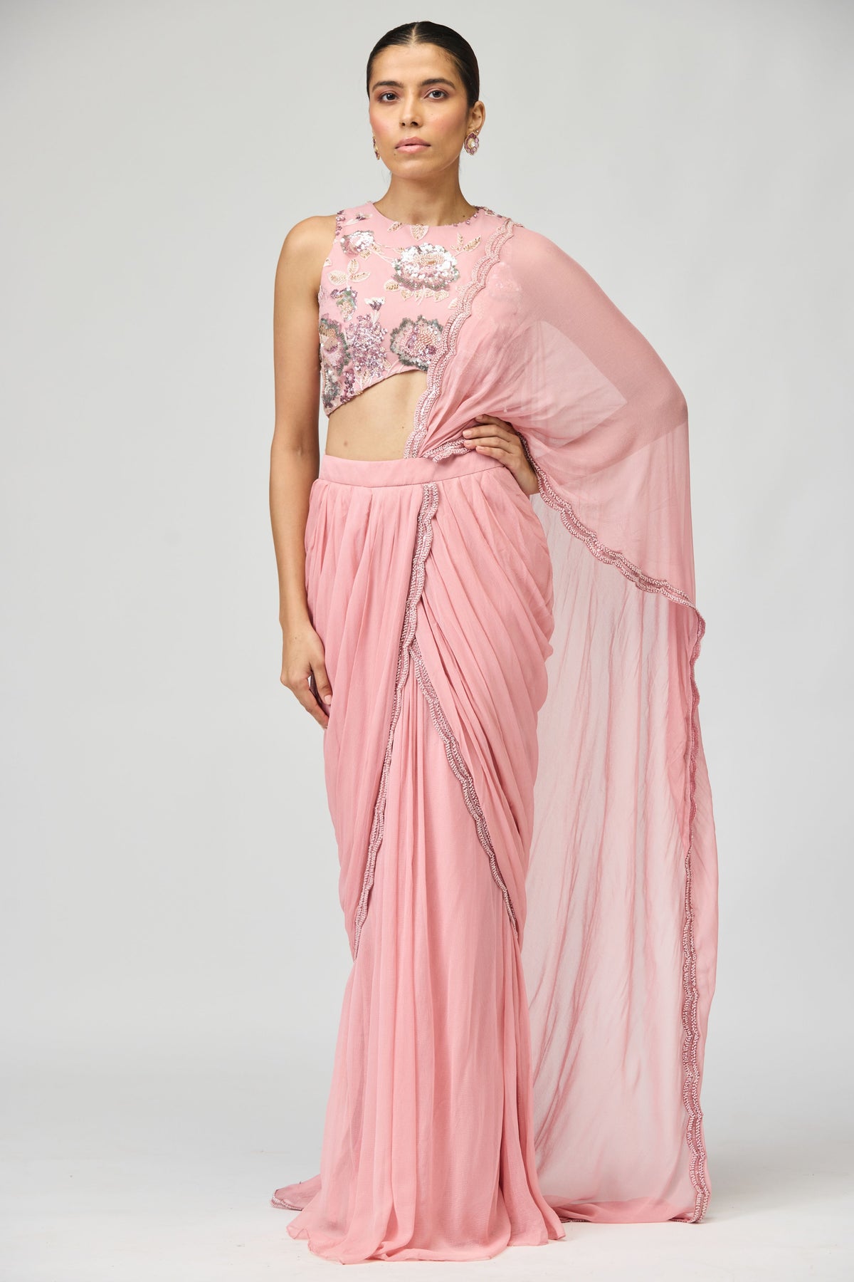 Light Pink Silk Chiffon Saree Set