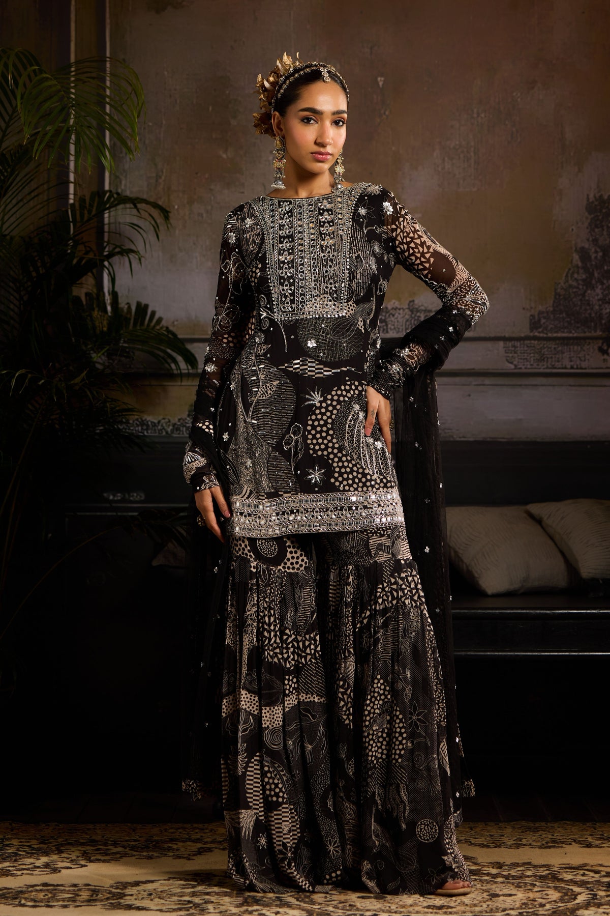 Black Print Highlighted Sharara Set