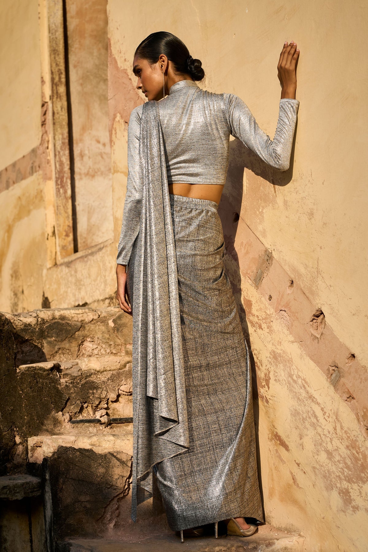 Silver Knitted Draped Skirt Set
