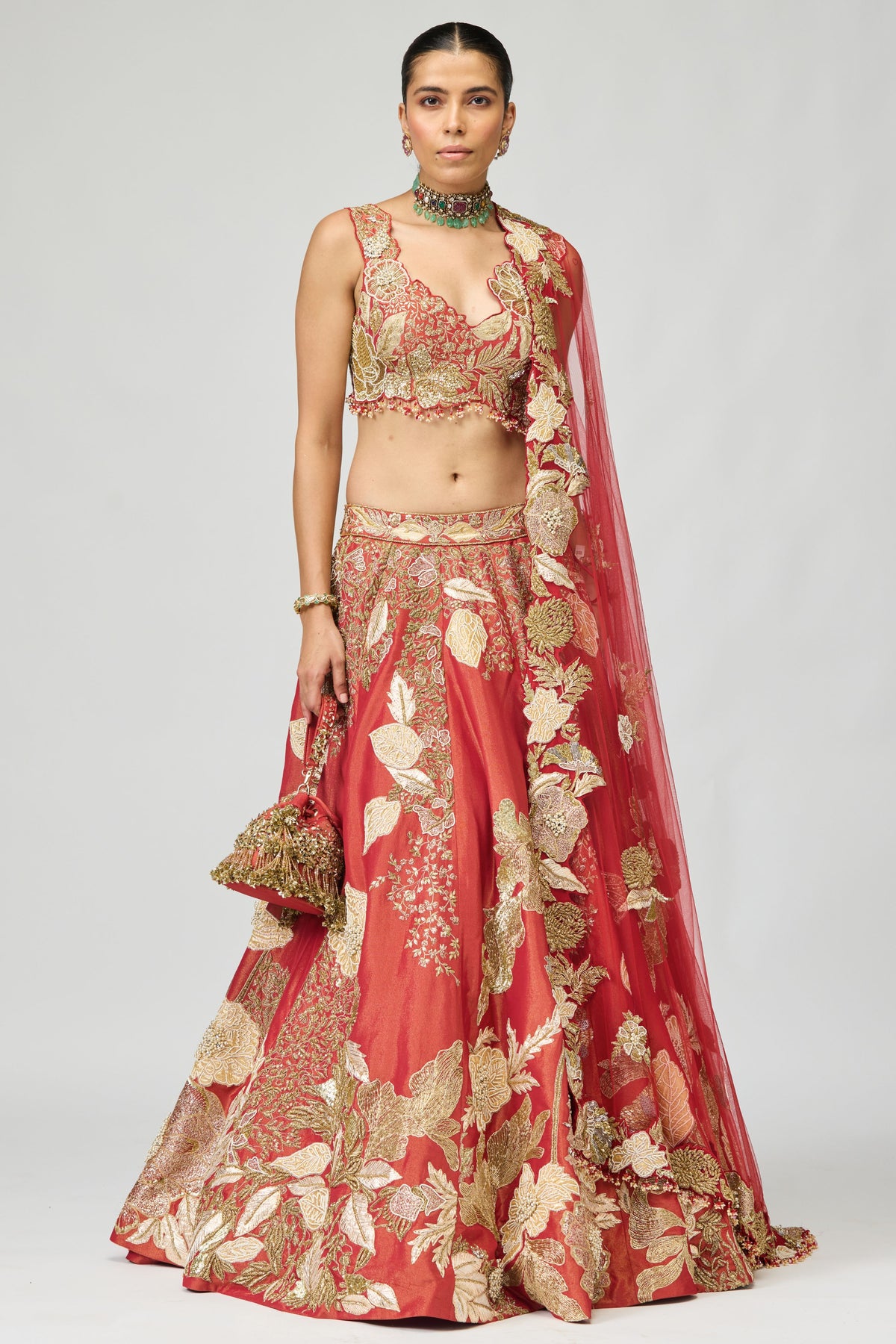 Red & Gold Zari Dabka Embellished Lehenga Set