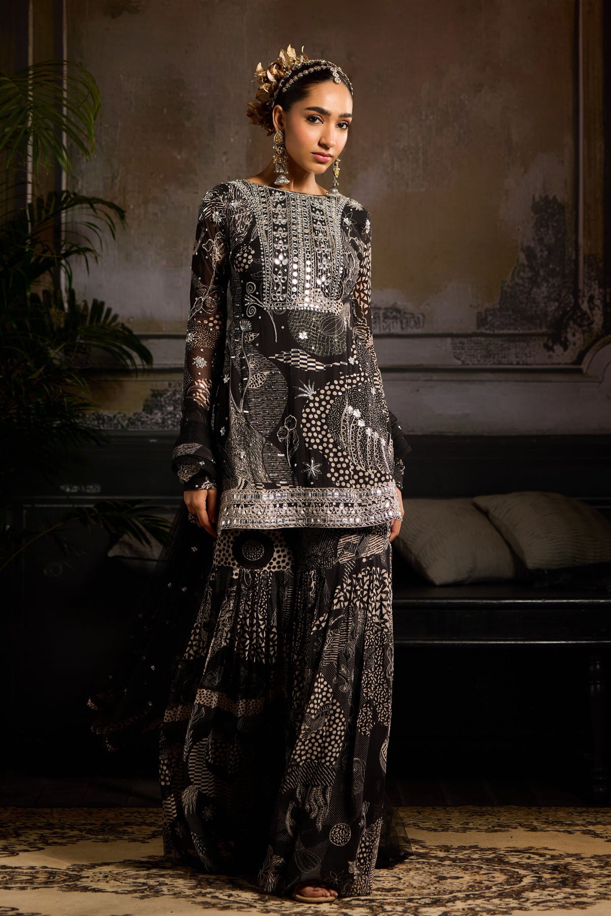 Black Print Highlighted Sharara Set