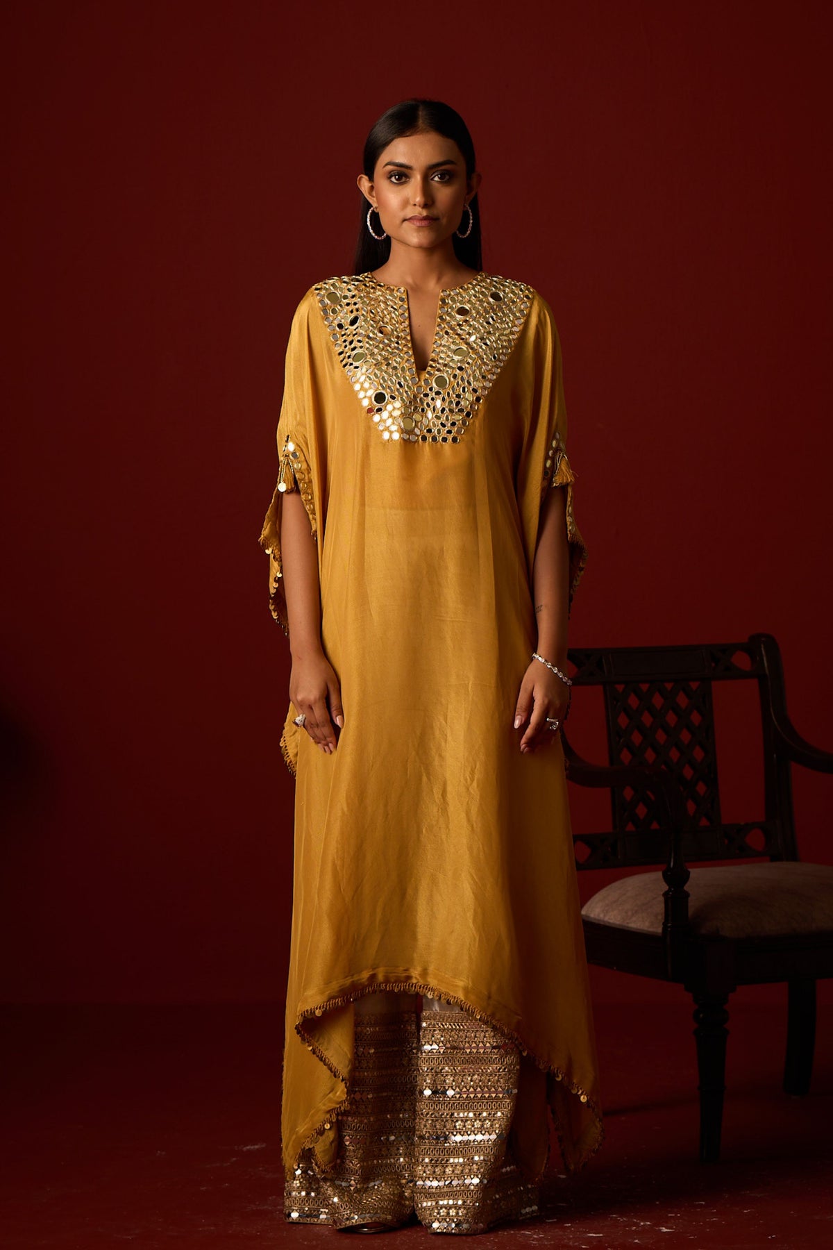Golden Yellow Mirror Work Kaftan Set