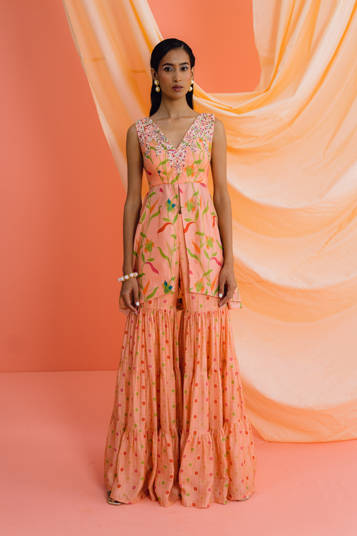 Peach Layered Sharara Set