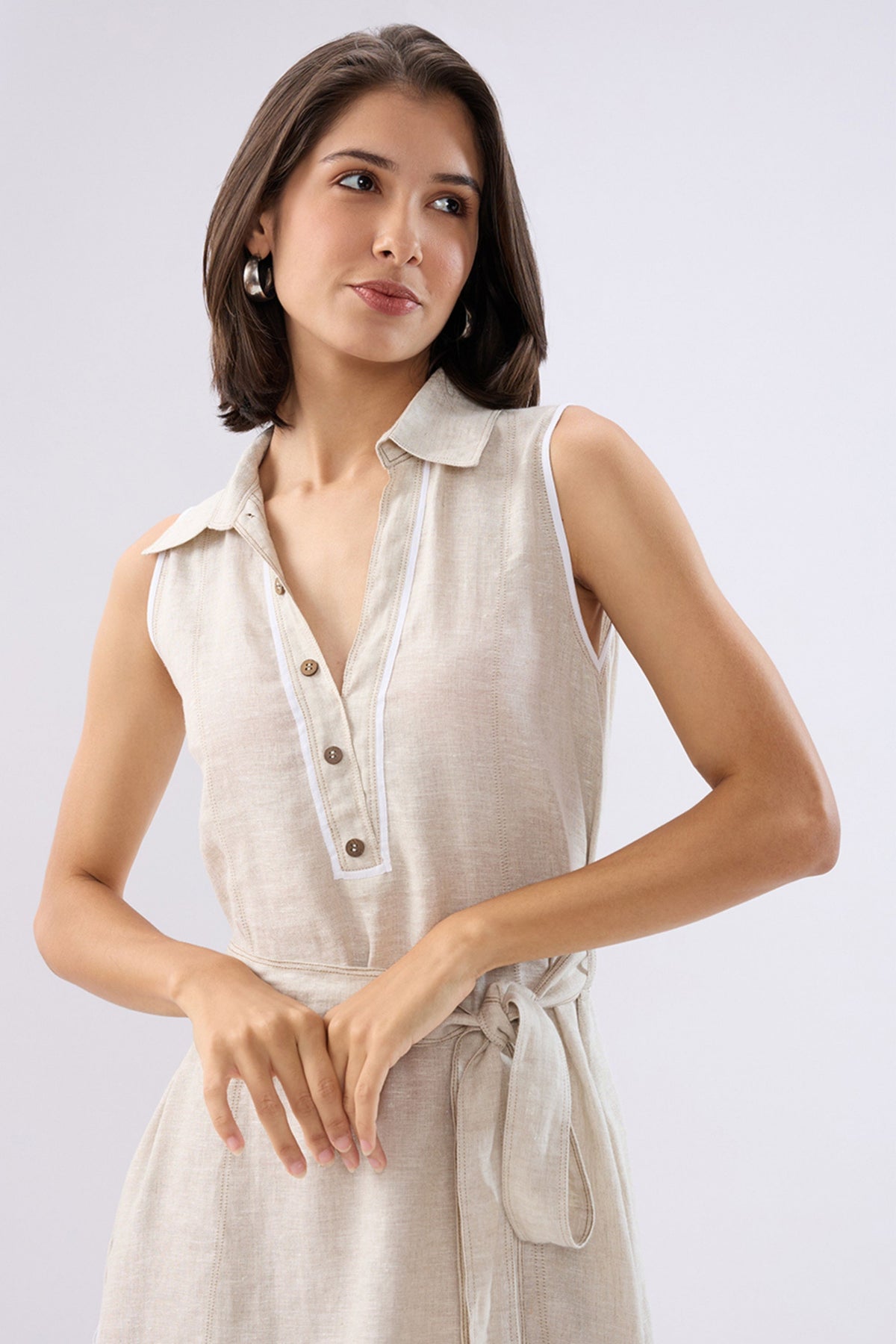 Beige A-line Tie-up Dress