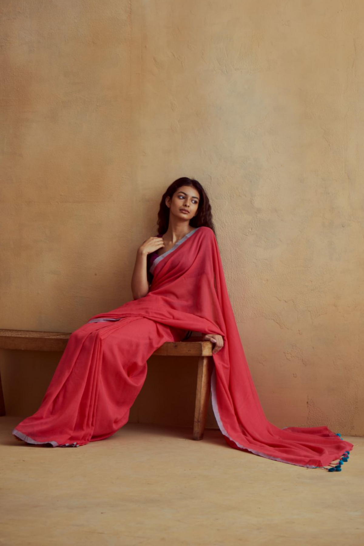 Red Khadi Cotton Saree With Grey Border