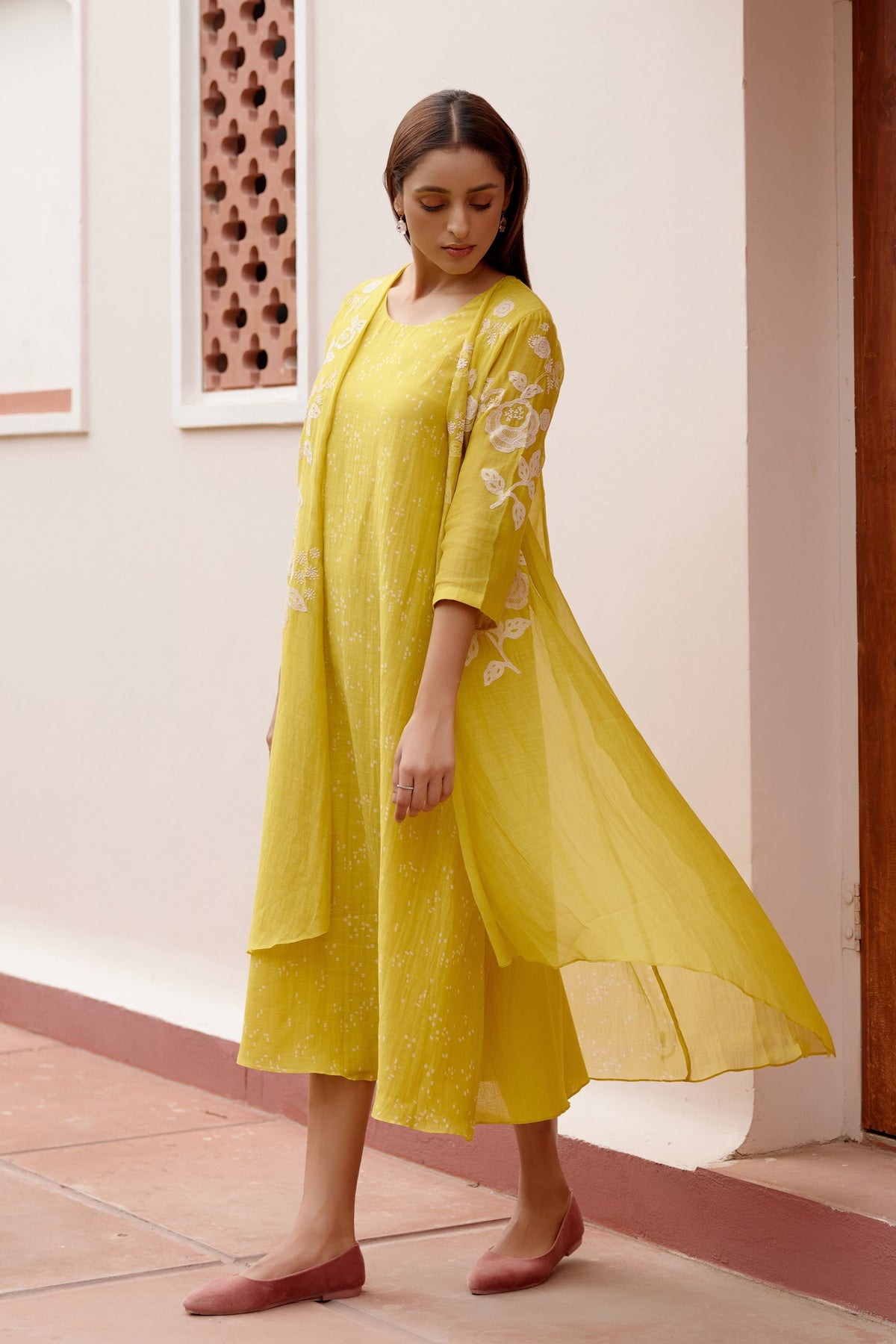 Citrine Floral Embroidery Jacket Dress