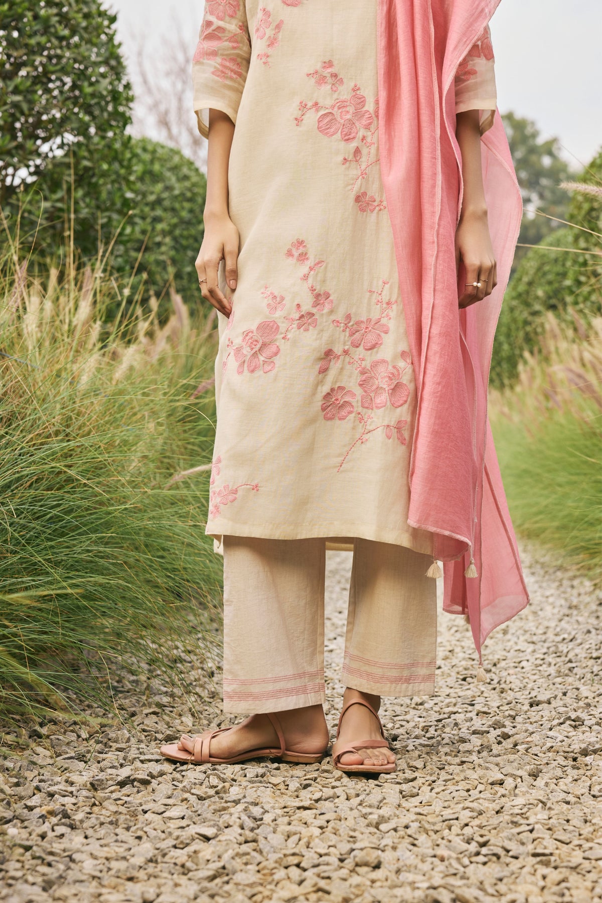 Ecru  Floral Applique Kurta Set