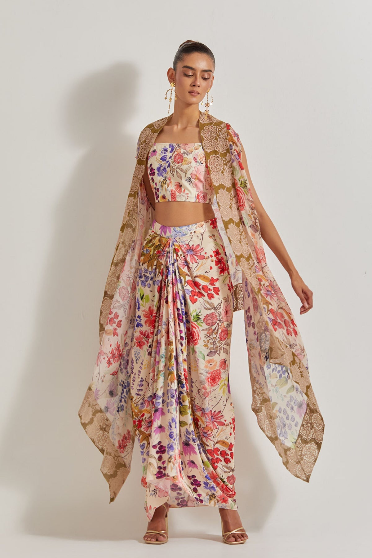 Cowl Skirt Set With Cape