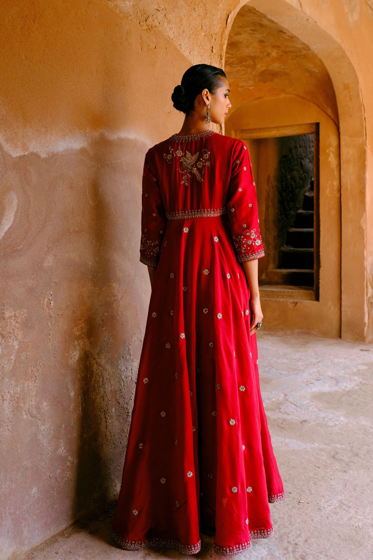 Embroidery Red Anarkali With Pants