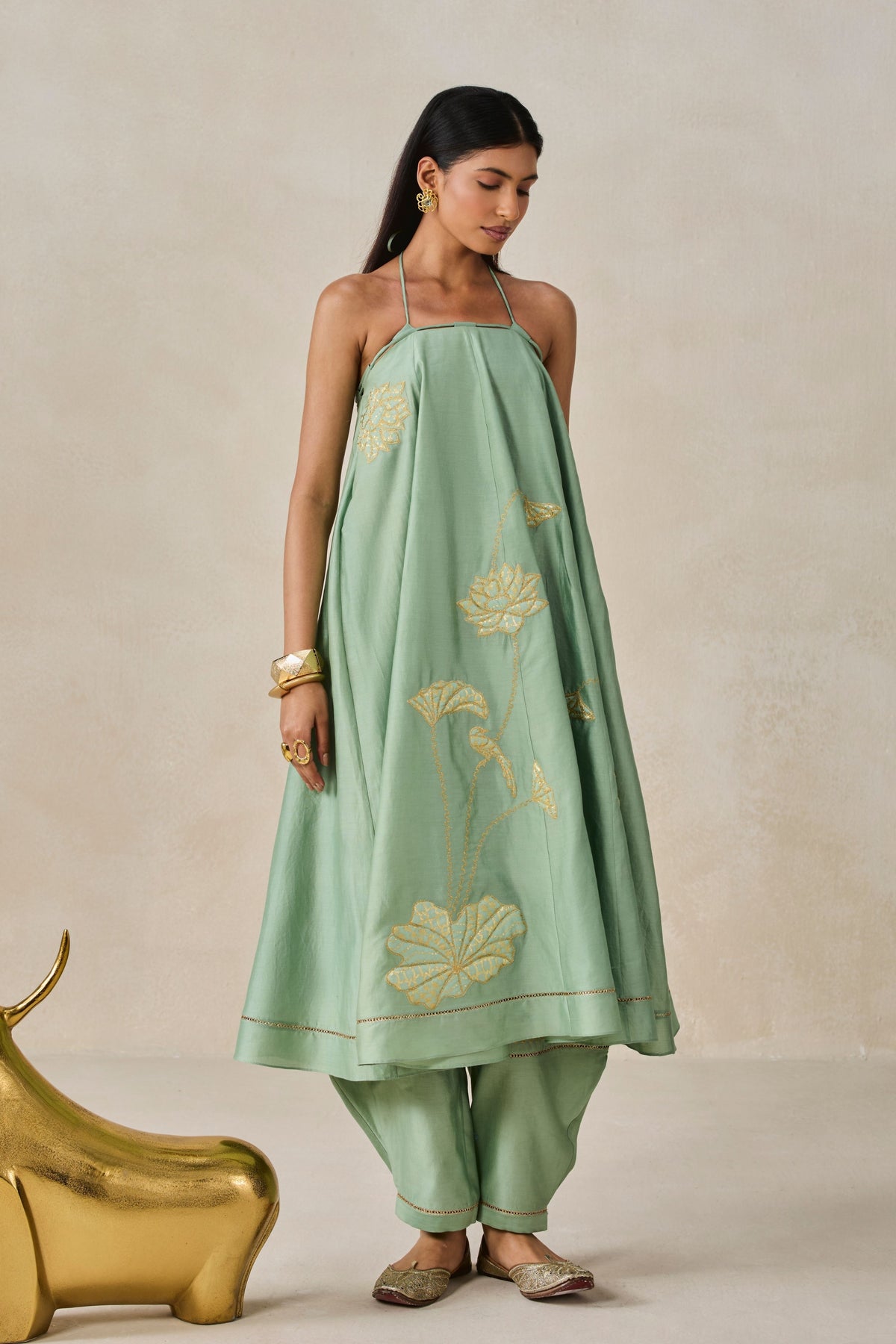 Green Offshoulder Kurta With Pants